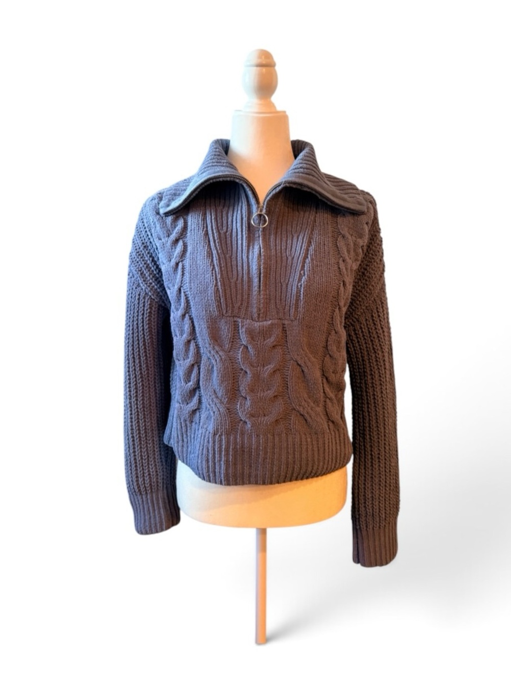 Pink Rose Cable-Knit Half-Zip Sweater Jacket - Gray